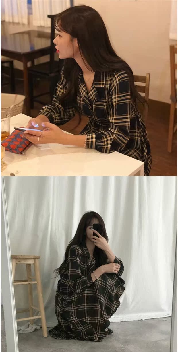 Hàn quốc chic retro kiểm tra phù hợp với cổ áo eo phần dài Hong Kong hương vị Một từ ăn mặc nữ đầu mùa thu mới hoang dã mẫu váy xòe đẹp