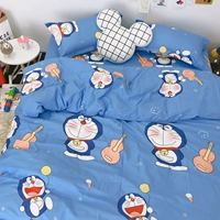 Net đỏ Doraemon phim hoạt hình bốn mảnh bộ màu xanh người đàn ông béo dễ thương bộ đồ giường trẻ em chăn ga gối đệm đơn ký túc xá bộ 3 - Bộ đồ giường bốn mảnh