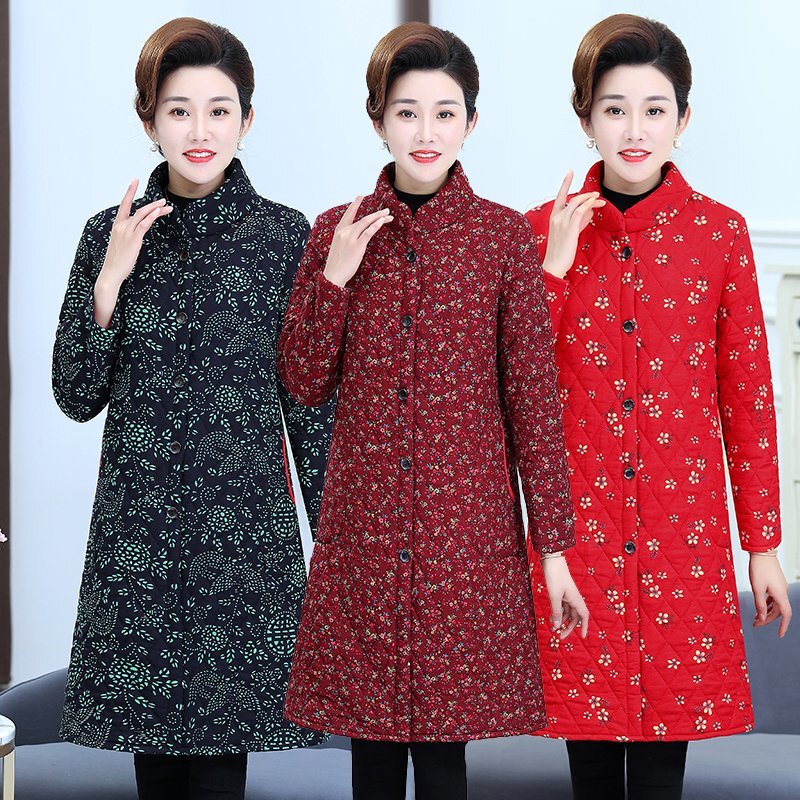 Mother's Winter Mid-Length Stand-Up Collar Printed Cotton Coat for 50-60 Year Old Middle-Aged and Elderly Women, Padded Over-The-Knee Cotton Jacket