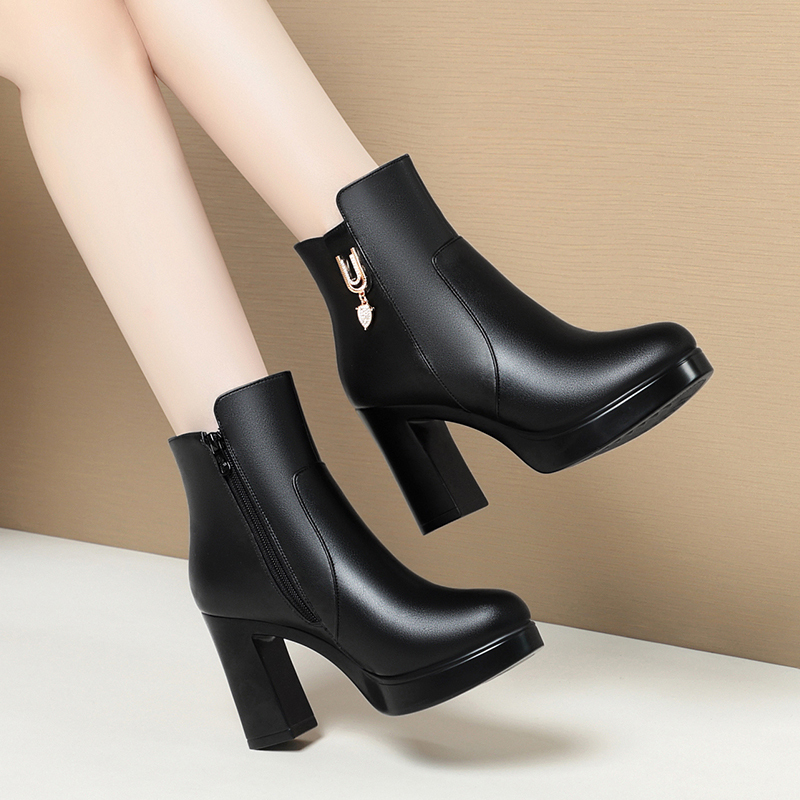 Fashion Boots Autumn and Winter Ultra-High Heel Short Boots Women's Waterproof Platform Thick Heel Short Boots Women's Boots Fleece-Lined Women's Cotton Leather Shoes 9cm