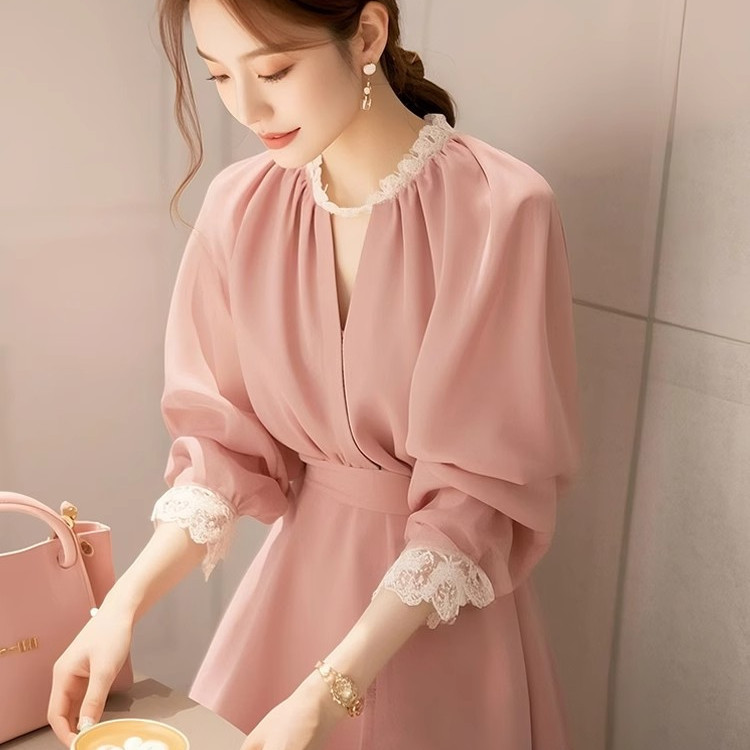 2025 Early Spring New Dress, This Year's Popular Dopamine-Style Stunning Mini Dress, Pink Lace Trim Chiffon Dress