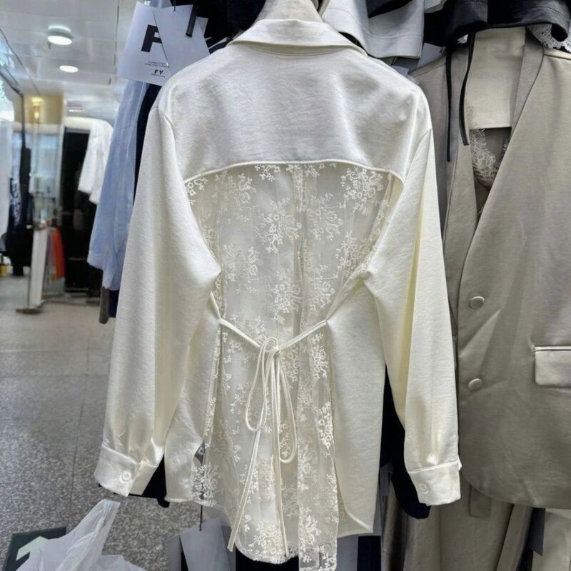 Satin & Lace Spring High-End New Style Light Luxury Age-Reducing Stylish Long-Sleeved Women's Top with Hollow-Out Shirt Design