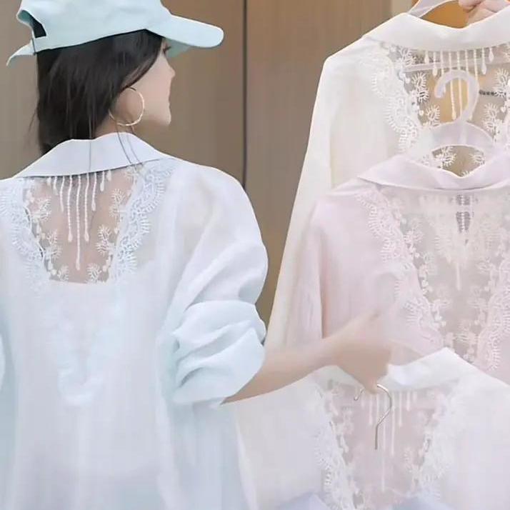 French-Style Design with Lace Back, Sun-Protective Shirt for Women, Loose and Casual, Slimming, Versatile, Age-Reducing Shirt for Spring and Summer French-Style Design with Lace Back, Sun-Protective Shirt for Women, Loose and Casual, Slimming, Versatile, Age-Reducing Shirt for Spring and Summer