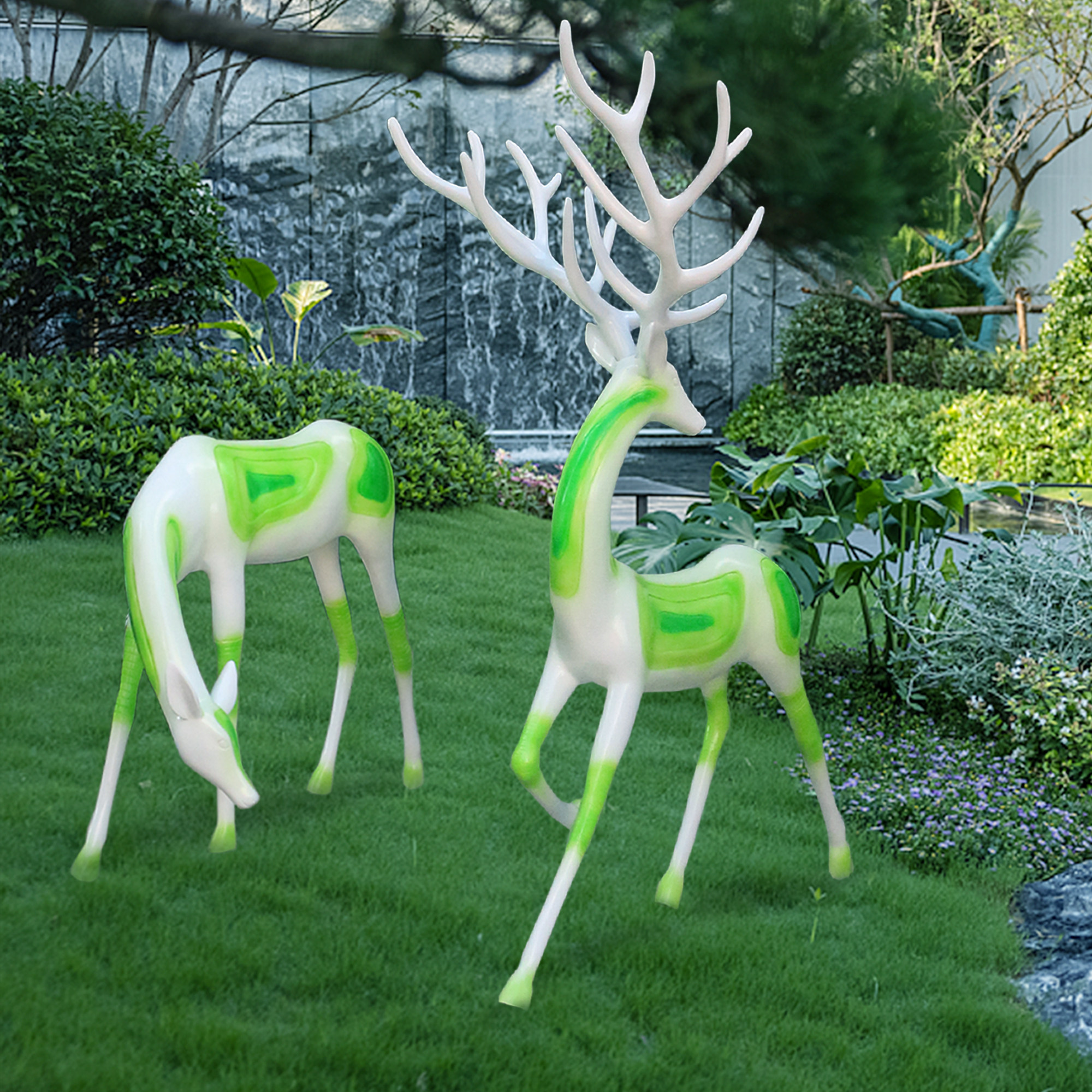 Green Deer Sculpture Turning Back Deer Color Deer Abstract Animal Decoration Large Plum Blossom Imitation Bronze Deer GRP Pendulum-Taobao