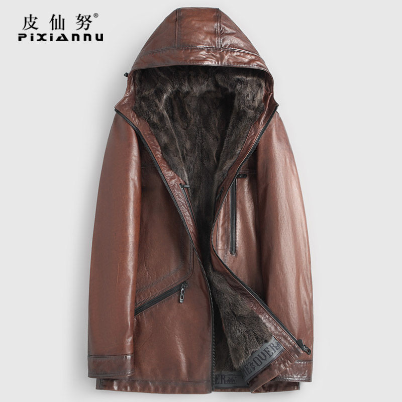 Mink leather jacket big coat fur integrated genuine leather fur coat men's hat mid-length version to overcome the mink liner fur