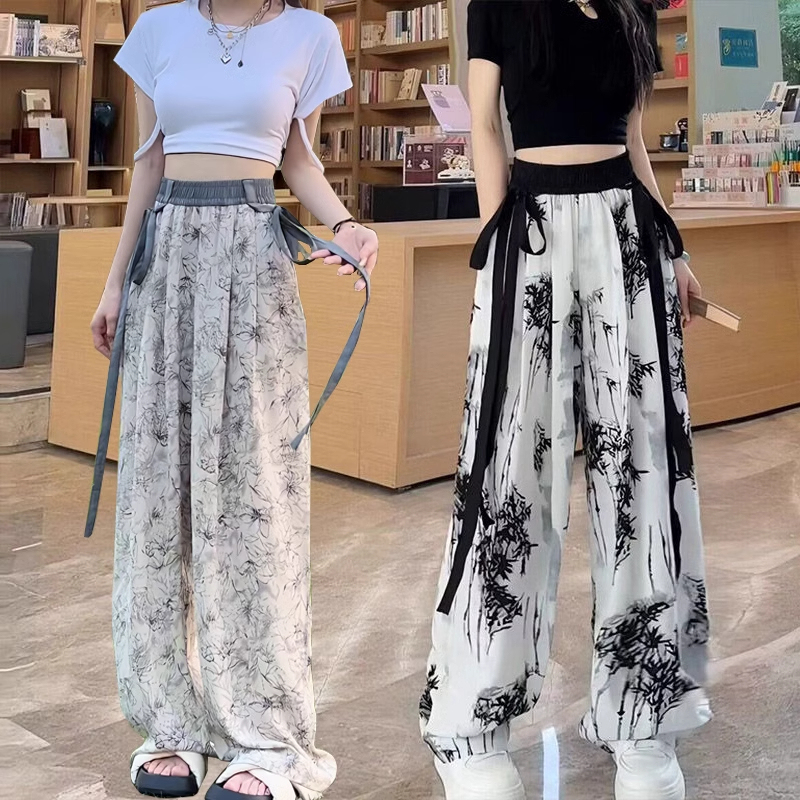 New Chinese Style Ink Painting Ice Silk Wide-Leg Pants for Women, Summer Thin Loose Straight Casual Anti-Mosquito Pants for Petite Figures New Chinese Style Ink Painting Ice Silk Wide-Leg Pants for Women, Summer Thin Loose Straight Casual Anti-Mosquito Pants for Petite Figures