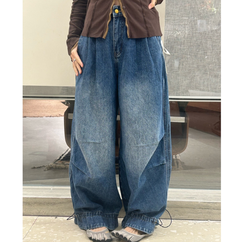 2026 Autumn New Japanese Retro Style Denim Wide-Leg Pants for Women, Loose Casual Patchwork Pressed-Line Long Pants, Slimming Effect 2026 Autumn New Japanese Retro Style Denim Wide-Leg Pants for Women, Loose Casual Patchwork Pressed-Line Long Pants, Slimming Effect