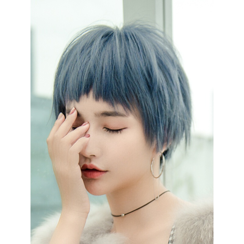 Wig for Women, Short Hair, Internet Celebrity Style, Haze Blue, Black, Round Face, Bald, Handsome, Short Straight, Natural, Girly, Full Wig Wig for Women, Short Hair, Internet Celebrity Style, Haze Blue, Black, Round Face, Bald, Handsome, Short Straight, Natural, Girly, Full Wig
