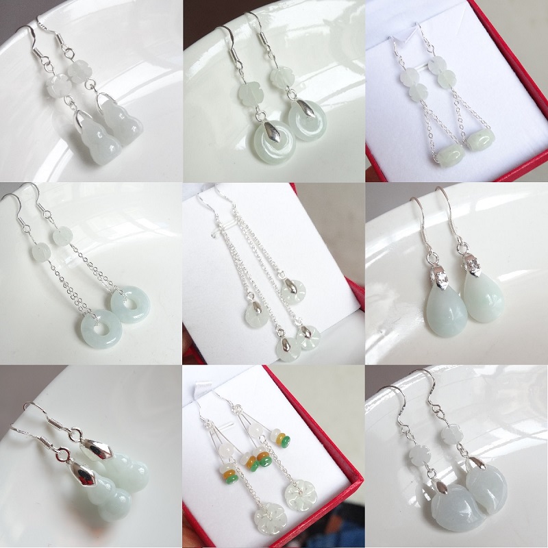 New fairy rhyme natural emerald strokes 8 squared wealth jade pendant 925 pure silver explicit face slim jade earring ear necklace