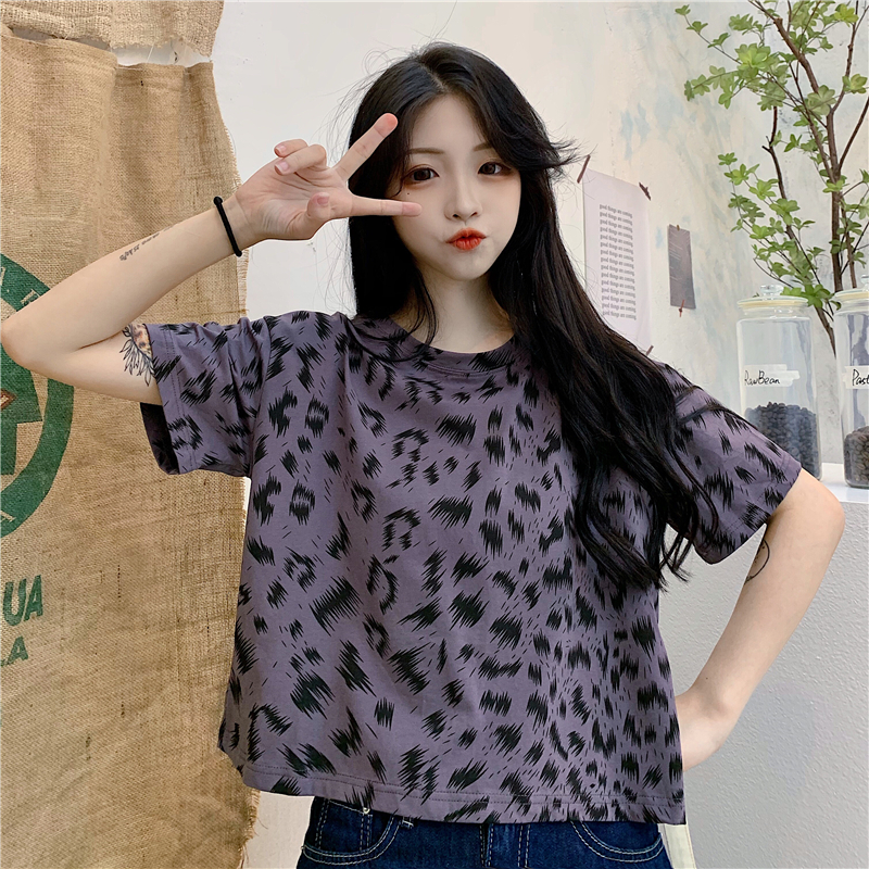 Real shot short top summer new super hot tide loose high waist exposed umbilical leopard print short sleeve T-shirt