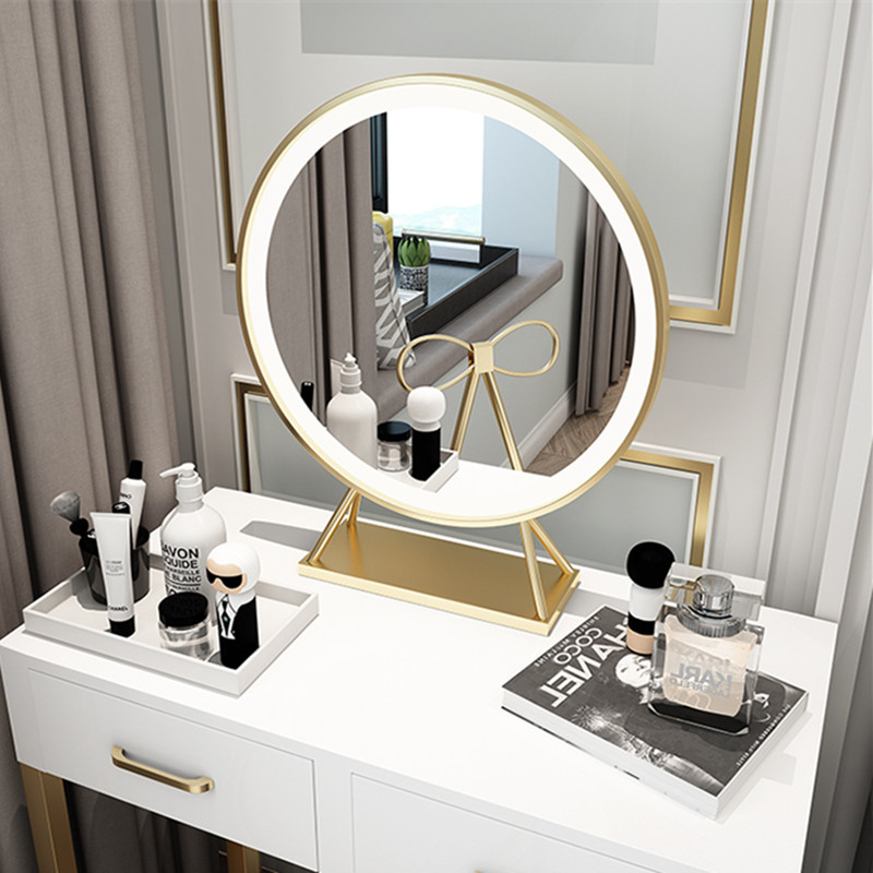 Nordic metal desktop makeup mirror Simple beauty mirror LED luminous mirror Round bedroom makeup table makeup mirror