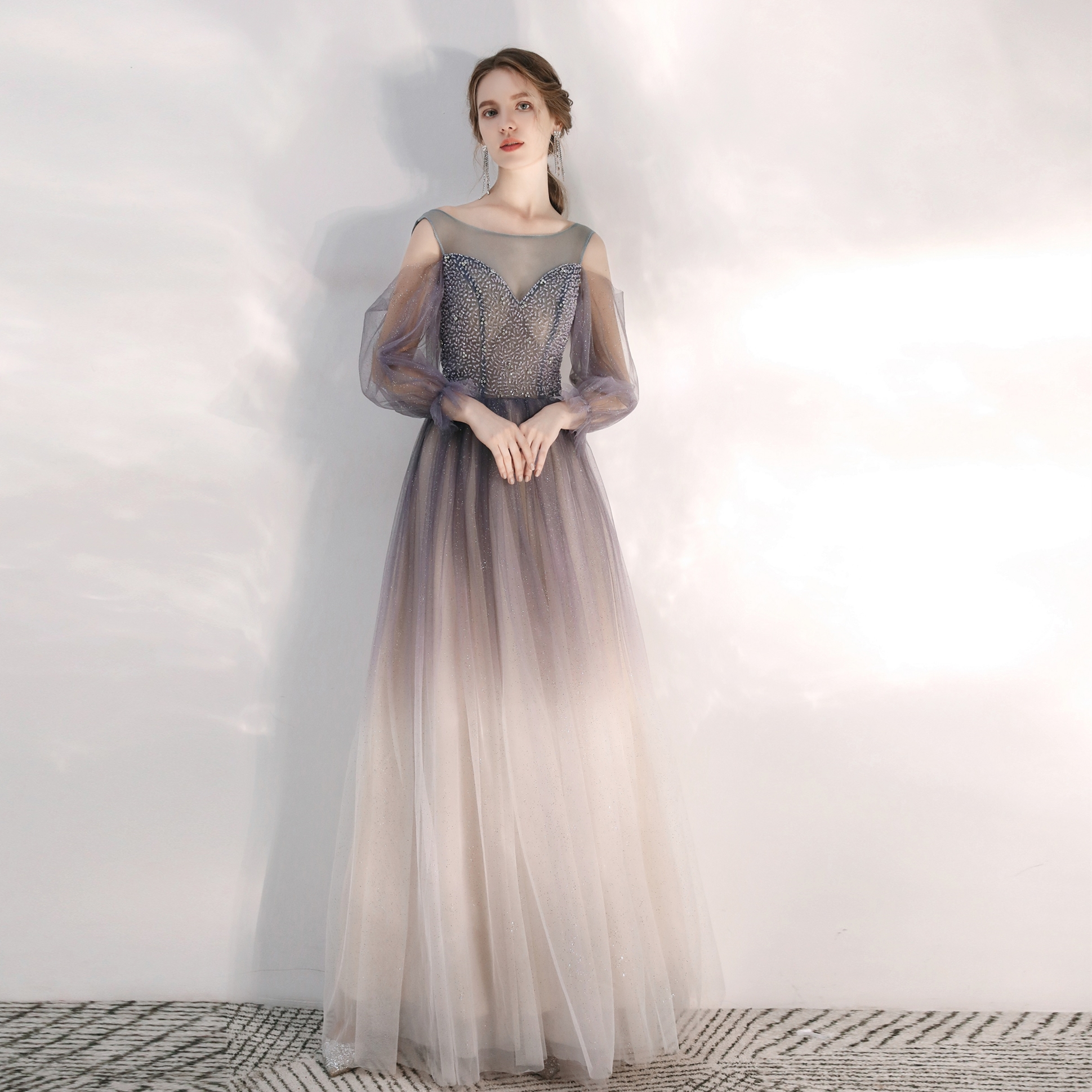 Dress female 2022 new summer host dinner annual meeting gradient temperament purple long-sleeved toast dress bride fairy texture