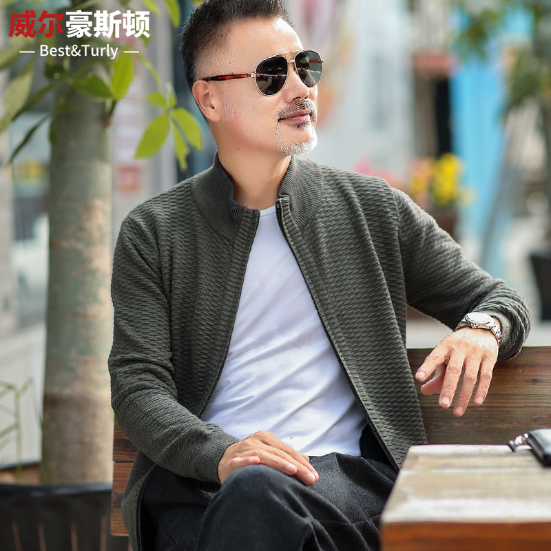 Spring Autumn Season Dad Loaded Cardiovert Jacket Man Thin style Collar Pure color sweater for the elderly Spring dress blouse cardiovert