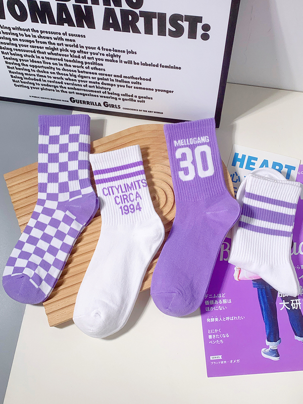 Purple Taro Socks for Women, Mid-Calf Length, Trendy Street Style, Japanese and Korean Style, Letter and Number Pattern, Two or Three Stripes, White Long Socks