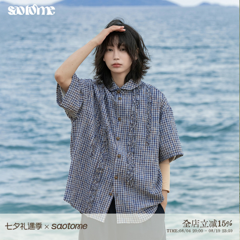 Saotome Saotome'Sunset' Street-Style Loose Bubble Gauze Plaid Ruffled Short-Sleeved Shirt for Women