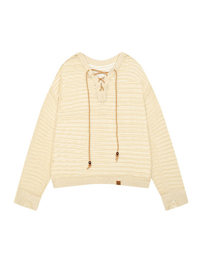 「夏季轻薄罩衫」早乙女惠子saotome日系户外V领绑带镂空破损毛衣