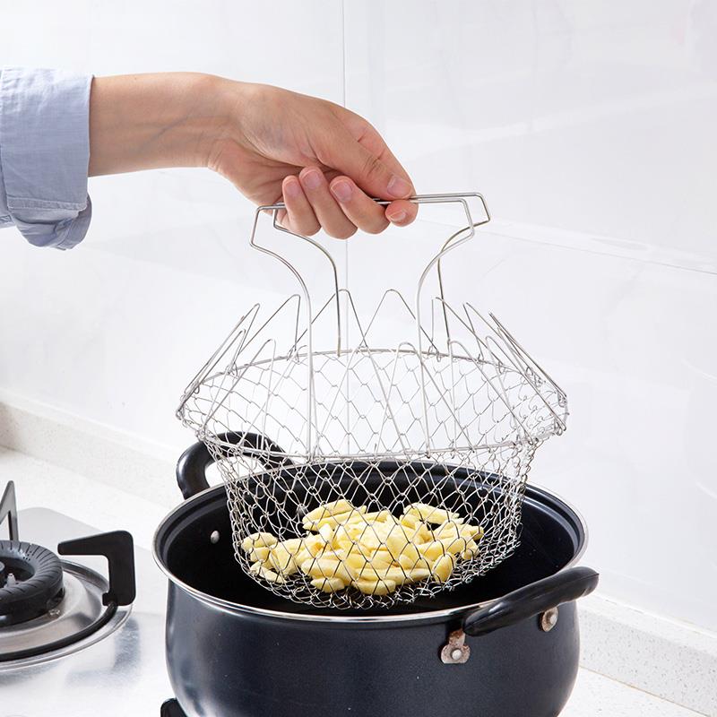 Stainless steel folding telescopic food fries Fried Basket Filter Pan Fried Mesh Fryer COMMERCIAL MULTIFUNCTION CHEFS BASKET