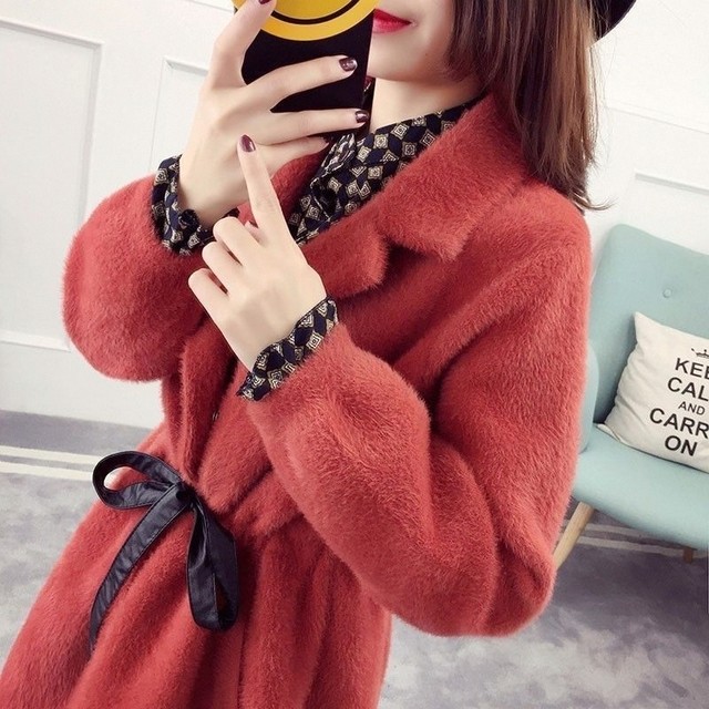 2025 new autumn style mid-length belted coat for women winter mink velvet coat for women non-shedding cardigan knitted sweater