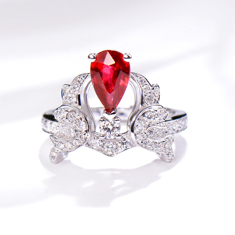 Nova Color Treasure 18k Platinum Diamond Ring Natural Dove Blood Ruby 1 Carat Drop Shaped Colorful Gemstone Hand Decoration