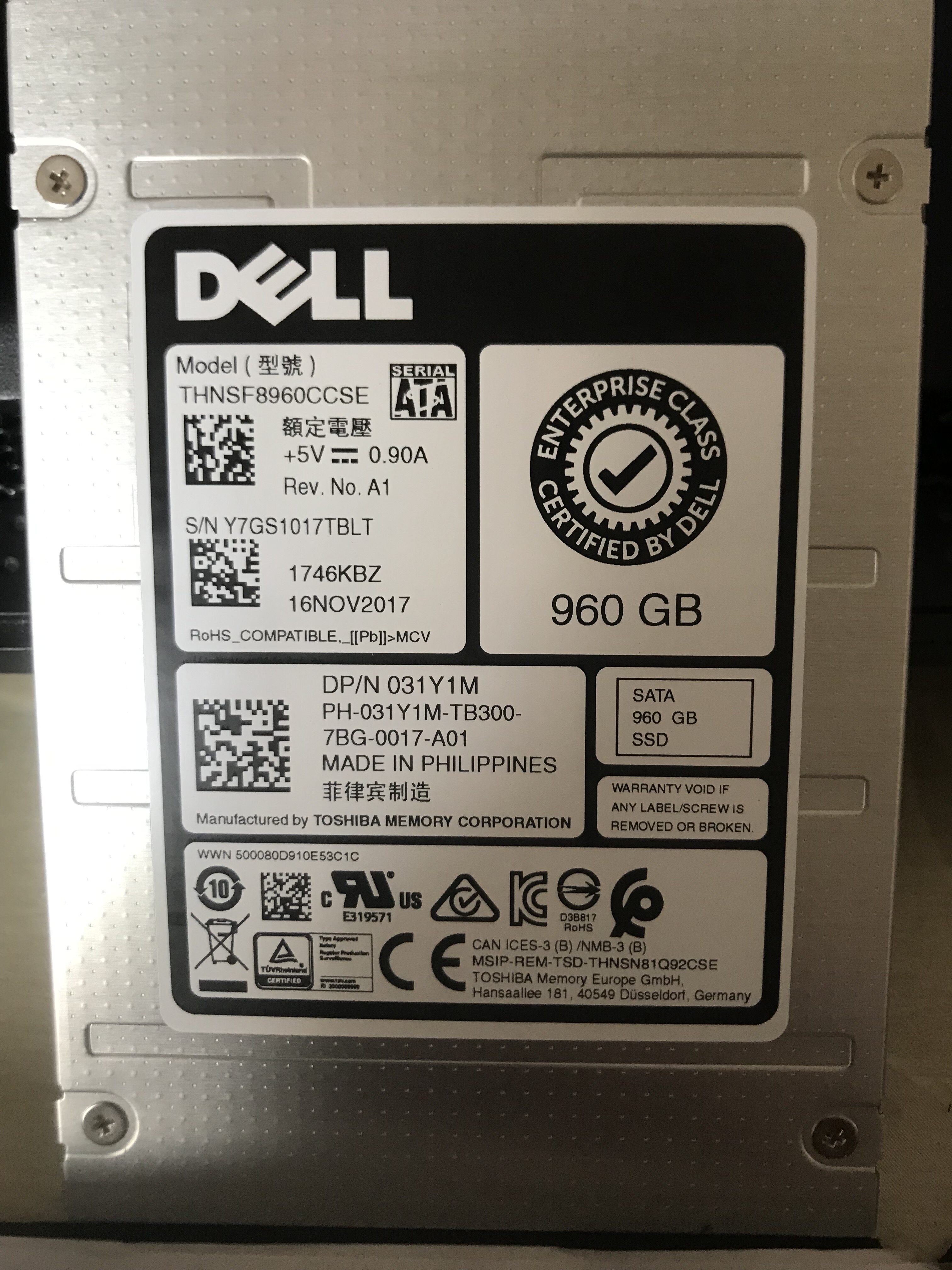 New dell Toshiba 960G SSD Solid State Hard disc Read Intensive 031Y1M 0VXG5N