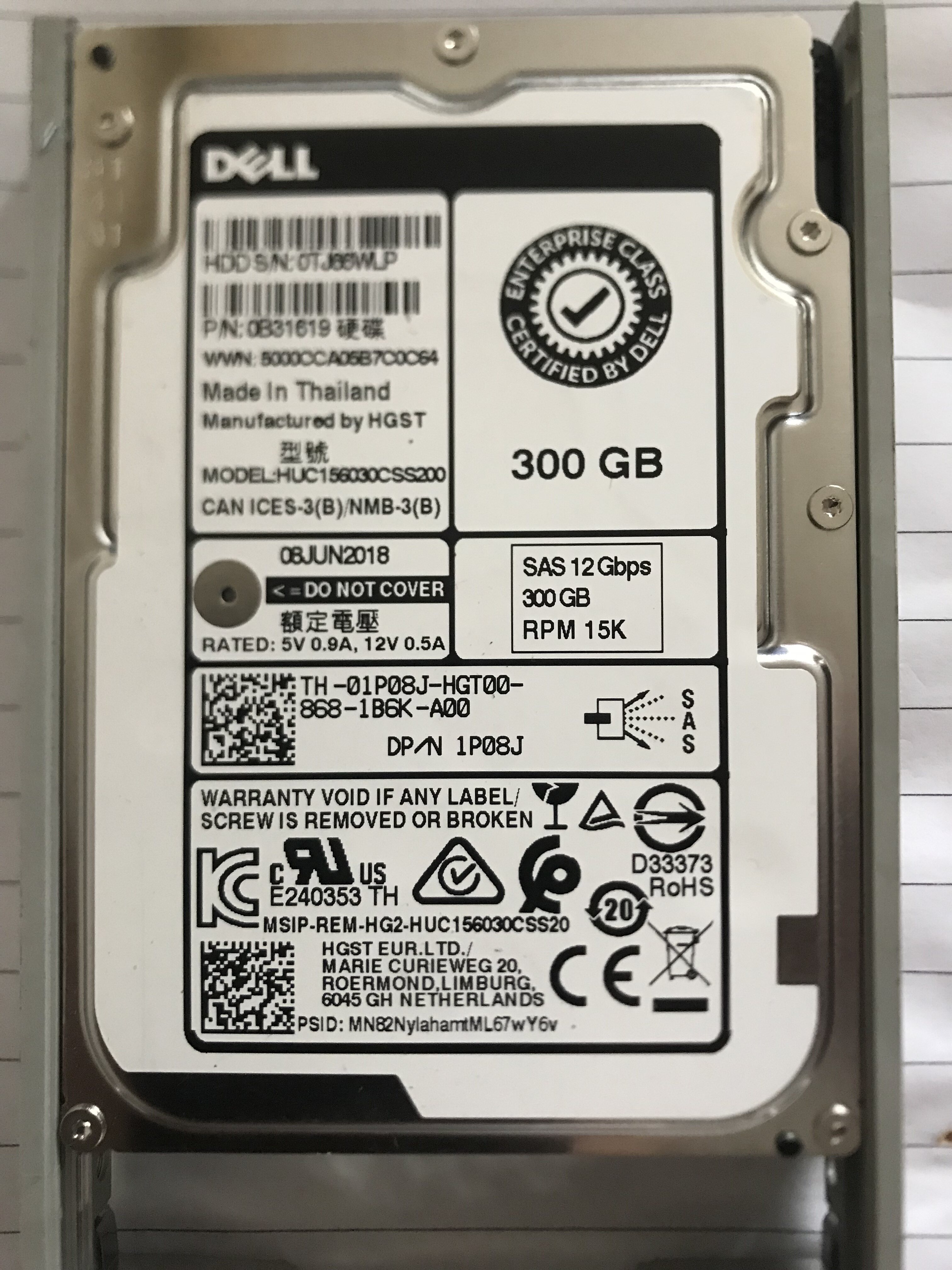Dell 300G 15K 2 5 12G HUC156030CSS200 1P08J 2018