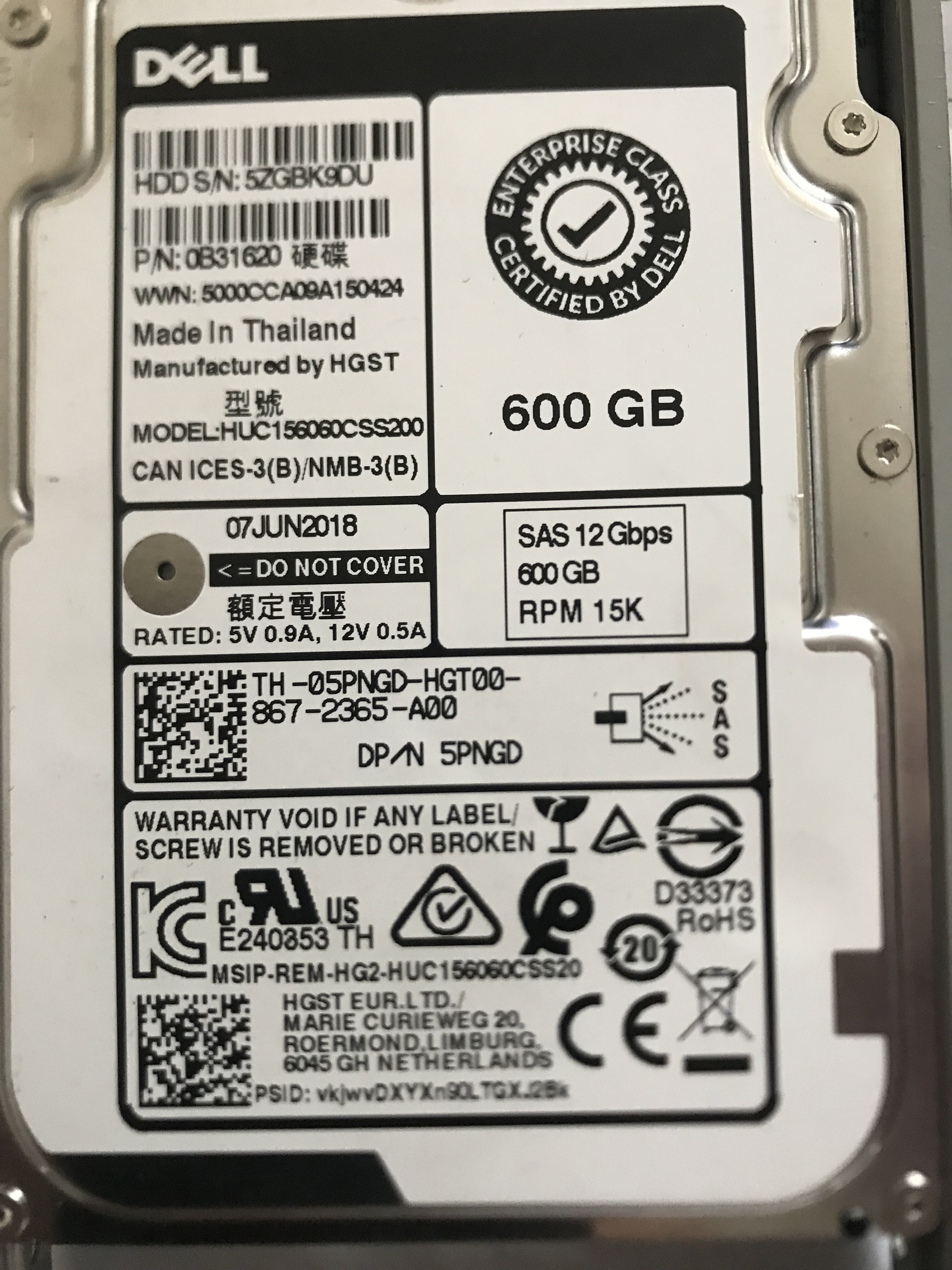 Dell 600G 15K 2 5 12G HUC156060CSS200 5PNGDH