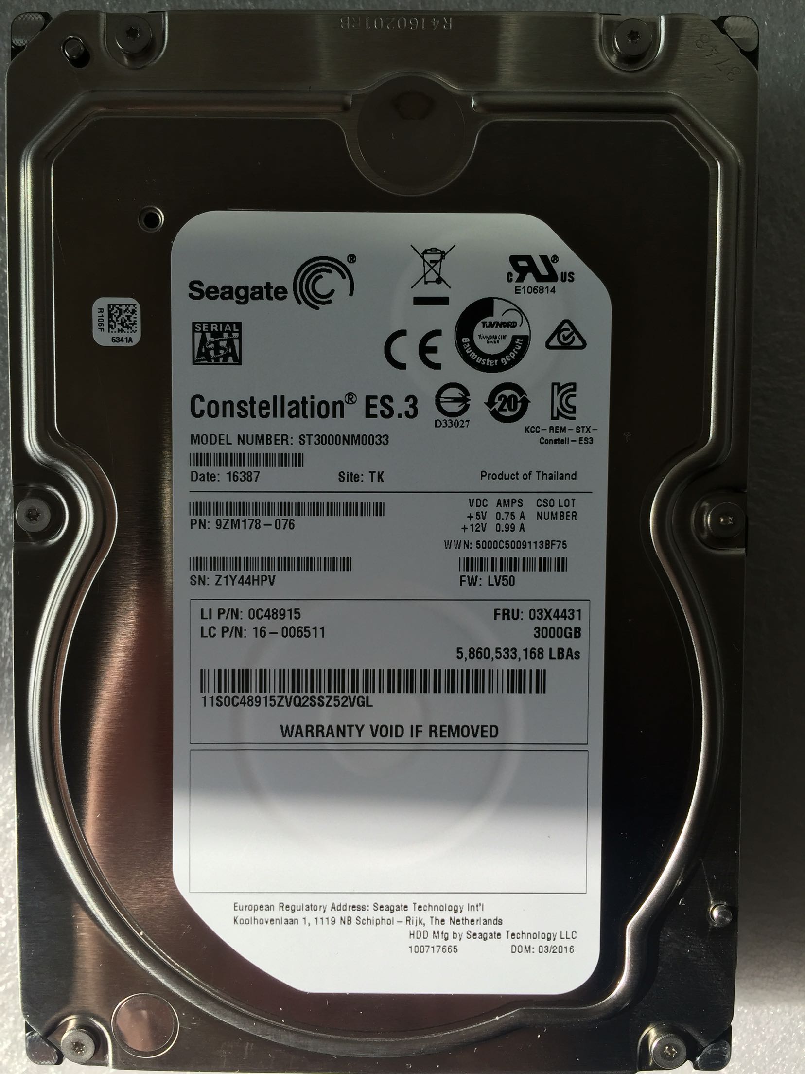 Lenovo 3T storage disk 16006511 FRU 03X4431 3T SATA 3 5 6GB