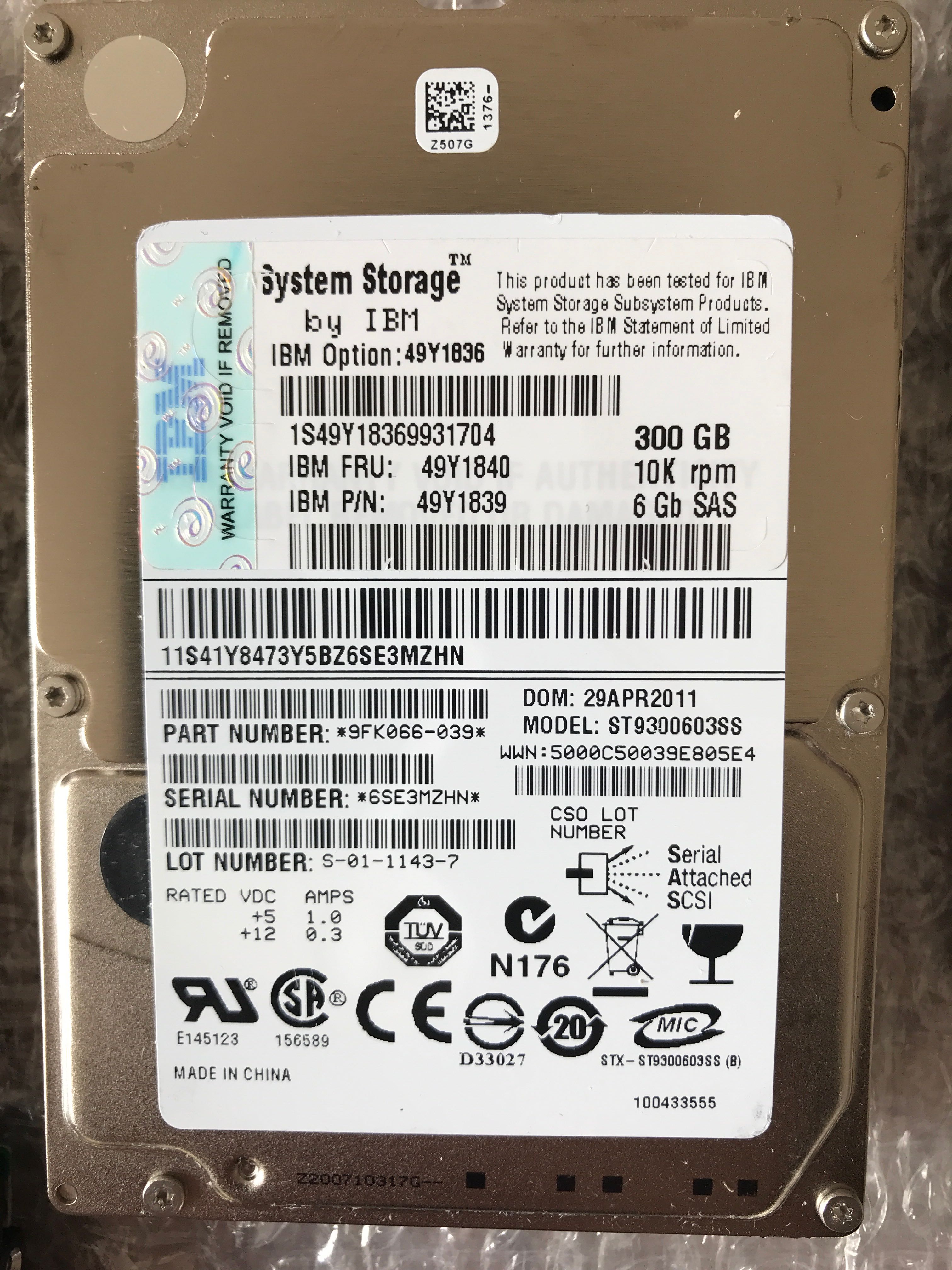 IBM 300GB 10K SAS FRU 49Y1840 49Y1931 49Y1988 DS3524 one year warranty