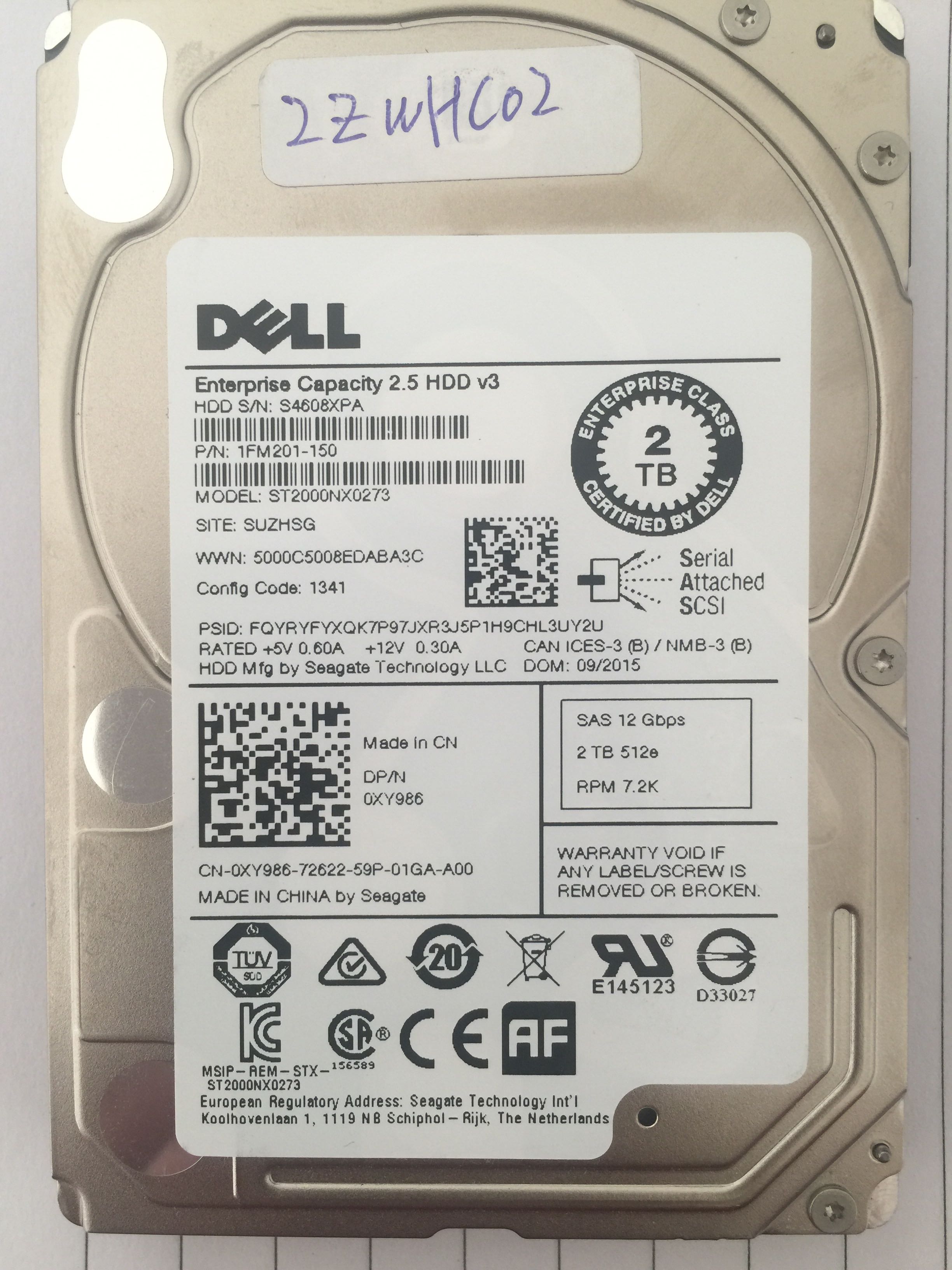 DELL ST2000NX0273 XY986 0XY986 2TB 0XY986 7 2K SAS 12Gb s 128MB hard disc