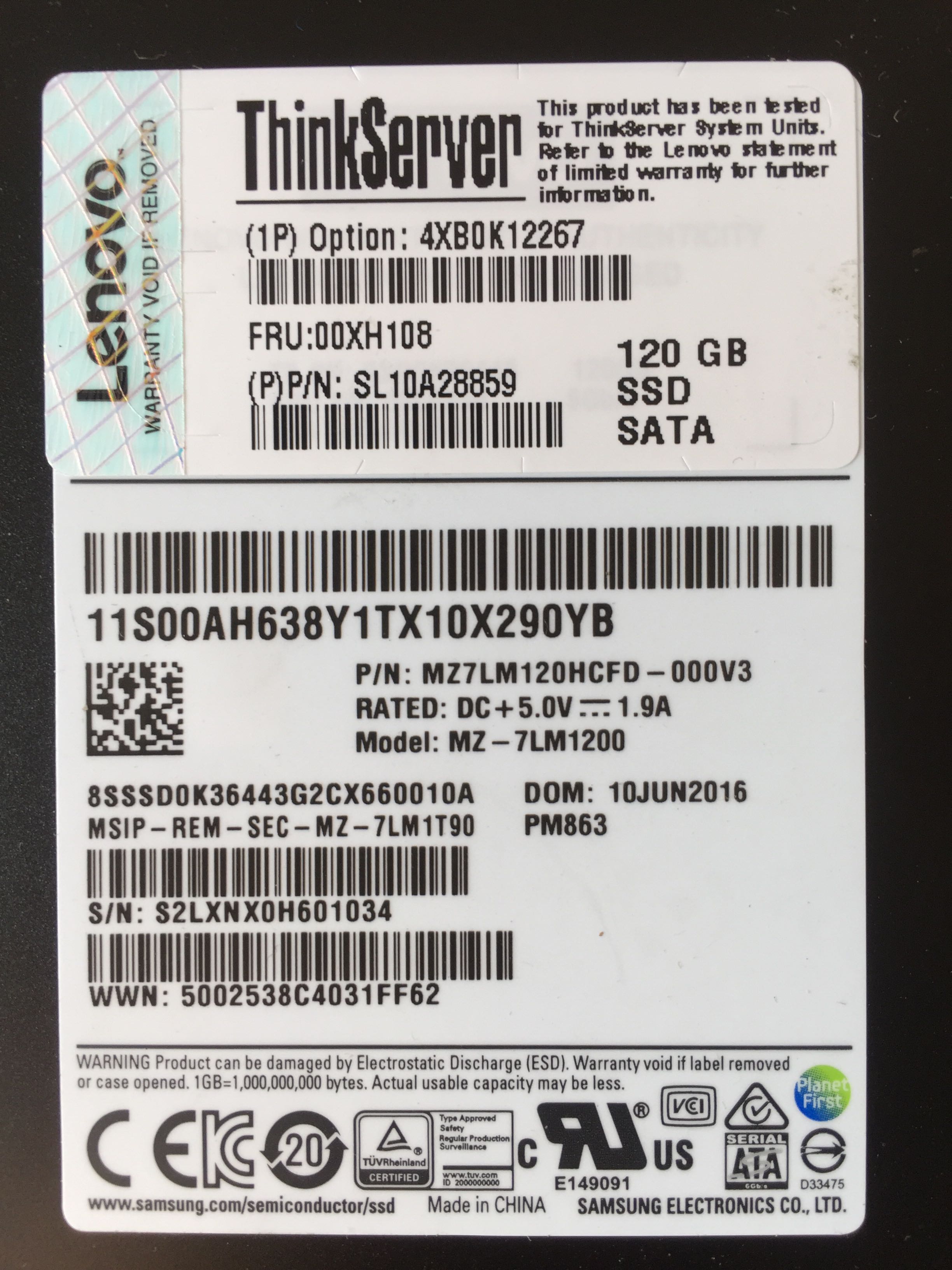 Lenovo 120G SSD SATA 2 5 inch MZ7LM120HCFD-000V3 Samsung pm863