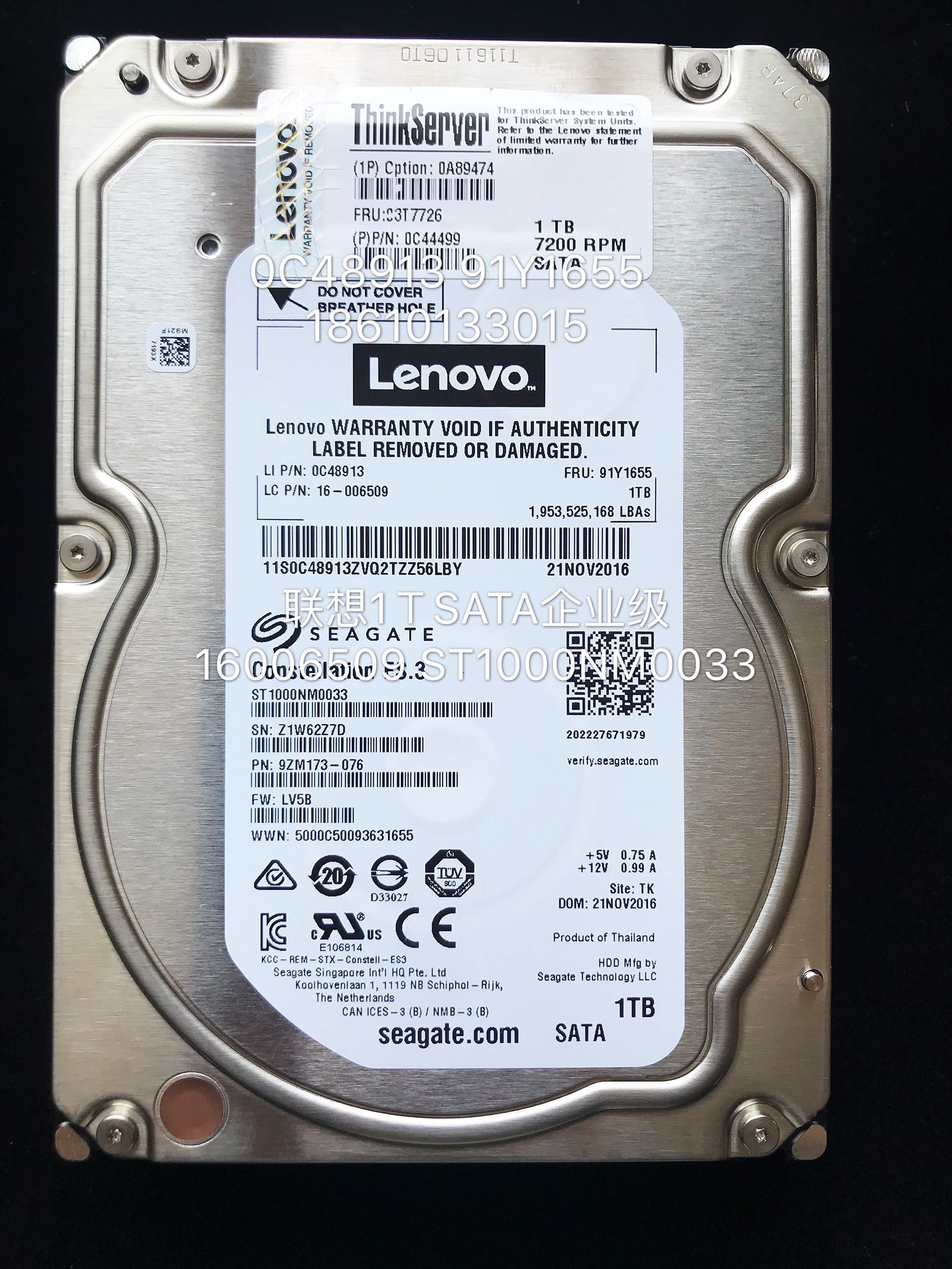 Lenovo 1TSATA new ST1000NM0033 0C48913 FRU 91Y1655 16006509