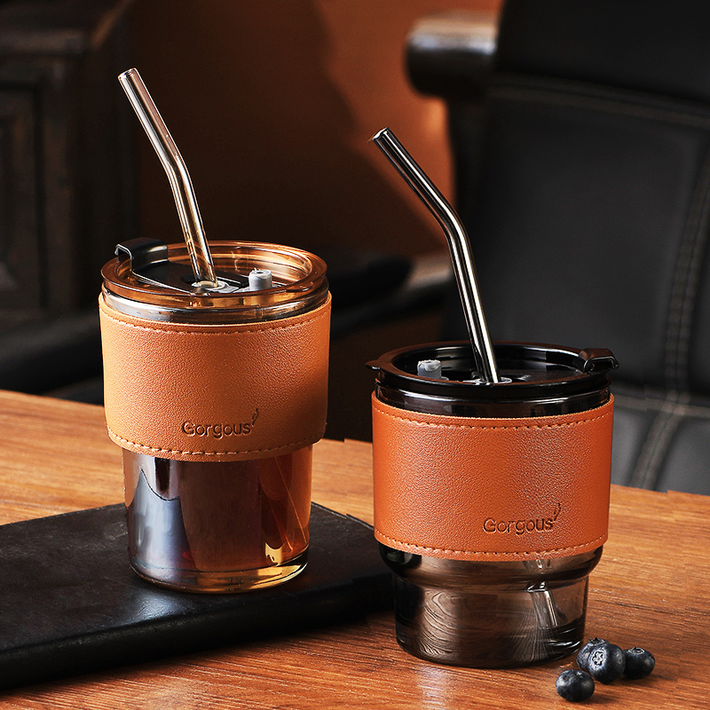 Net Red Glass Water Glass Women With Straw Coffee Cup Ins Wind Summer Portable Office American Retro Accompanying Cup