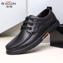 Aulun mens shoes spring and autumn business casual leather shoes lace-up mens leather soft bottom soft low-top shoes men