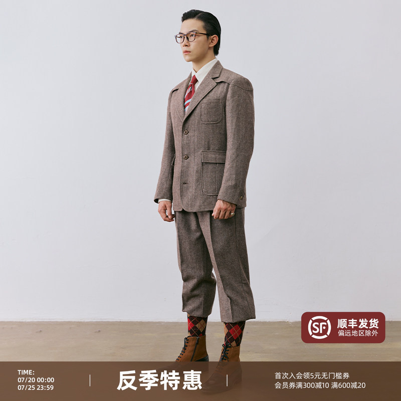 【50% Wool】Flat Round Square Mid-Length Cycling Suit Set Blended Easy Vintage Casual Blazer for Men 【50% Wool】Flat Round Square Mid-Length Cycling Suit Set Blended Easy Vintage Casual Blazer for Men