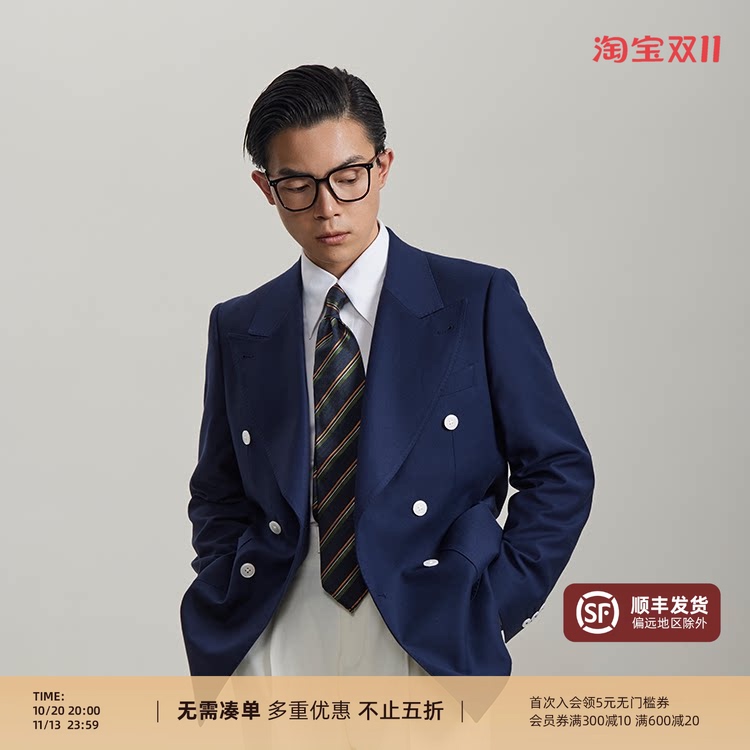 【Bamboo Fiber Honeycomb Pattern】Flat Round Square White Button Blazer Suit Navy Blue Double-Breasted Suit Single Suit