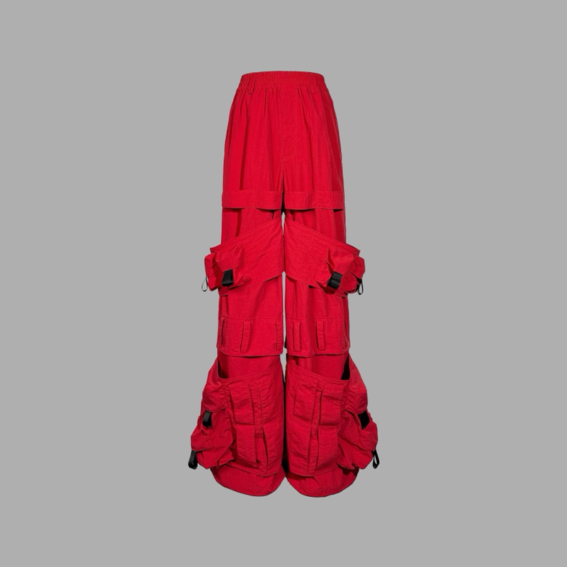 Vanguardia Avant-Garde Functional Design Red Multi-Pocket Loose Silhouette Nylon Cargo Pants Trousers