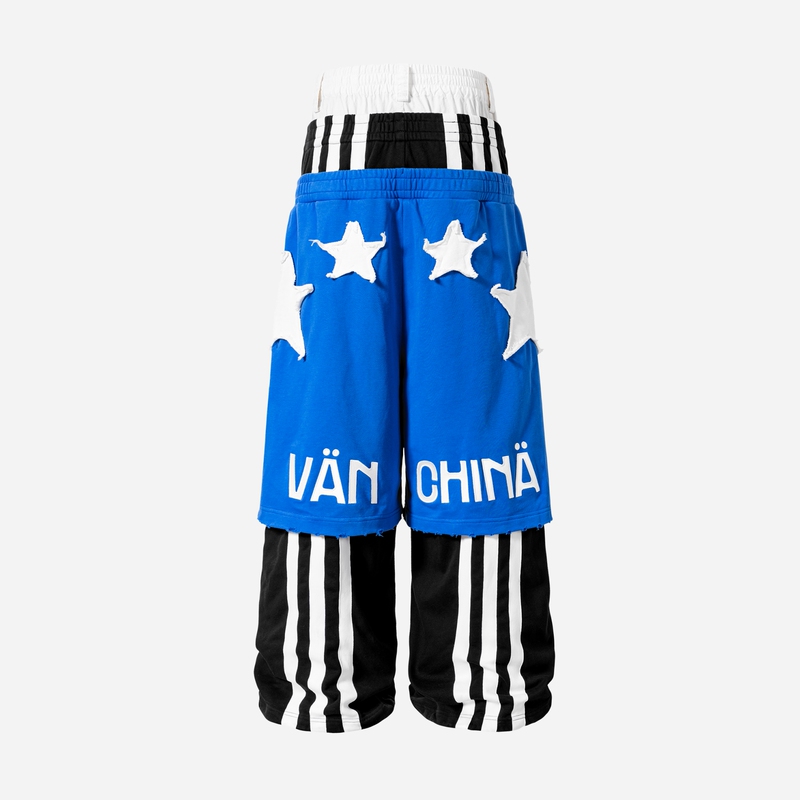Vanguardia Sagging West Coast Style Sports Three-Waistband Patchwork Blue Pure Cotton Loose Long Pants Sweatpants