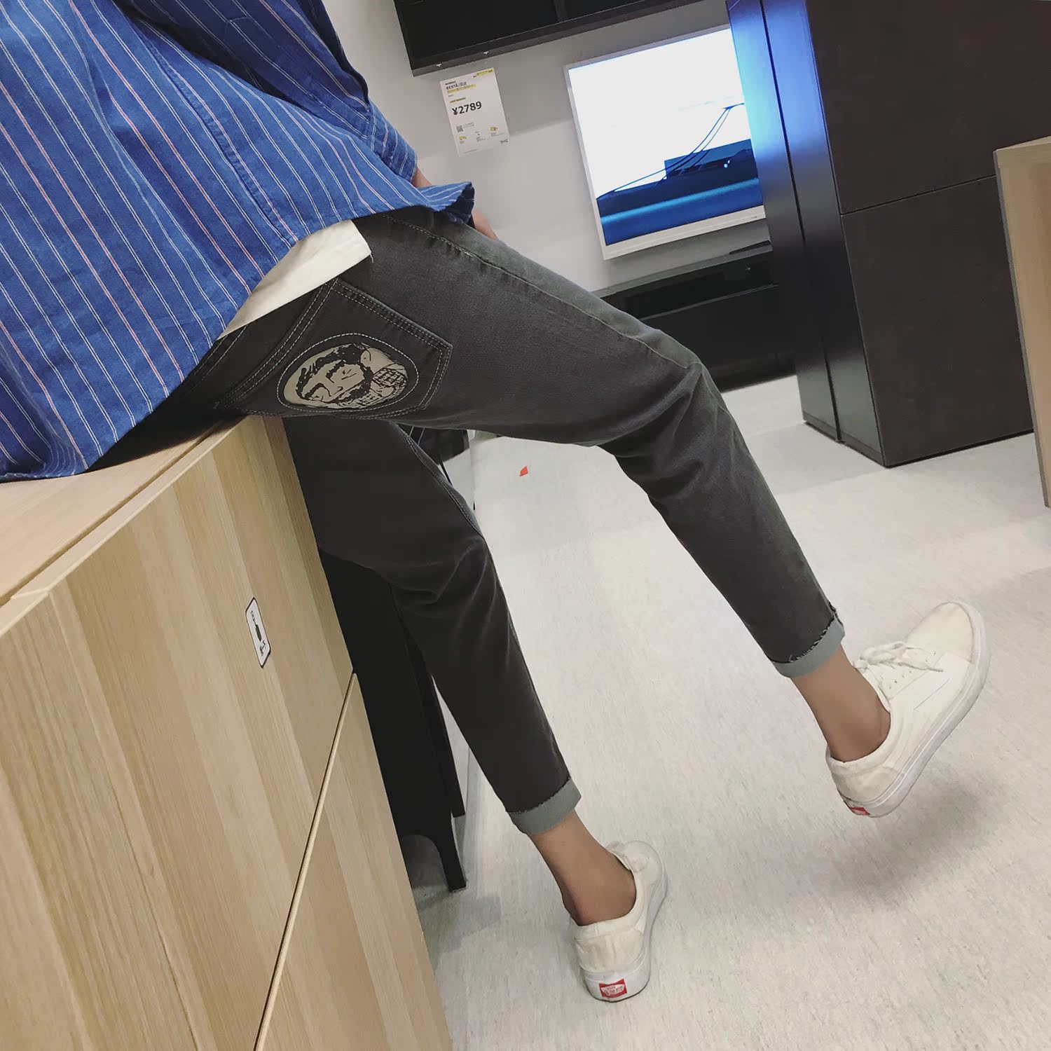 拐角英伦秋季百搭修身显瘦韩版水洗牛仔印花林弯弯潮男牛仔男裤子