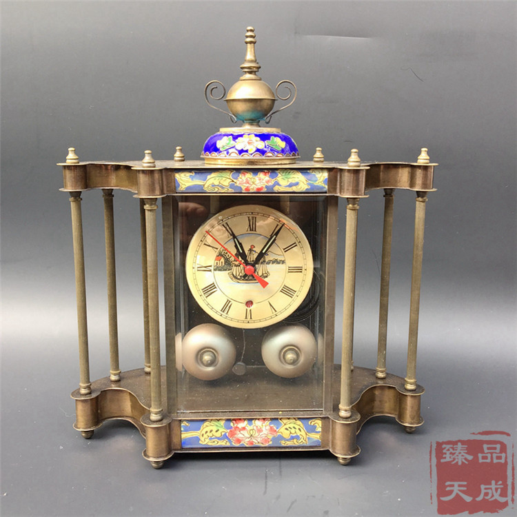 Cloisonné blue enamel color pure copper winding mechanical seat clock clock clock clock clock timing alarm clock western watch props collection