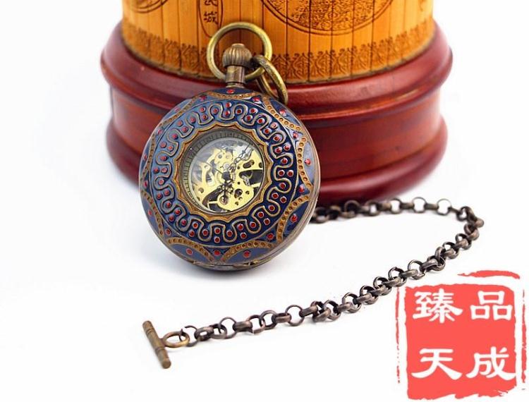 High-end European-style retro cloisonne pure copper double-opening old-fashioned wind-up winding mechanical pocket watch hanging watch props collection
