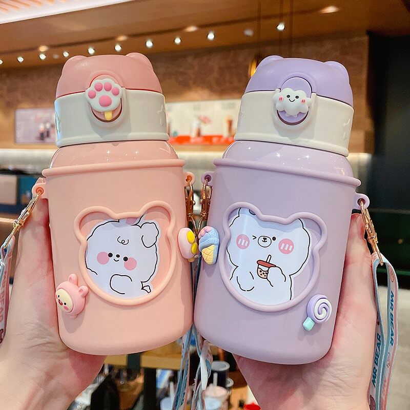 Japanese cartoon children insulation cup baby straw high value lovely water cup portable stainless steel cup