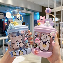 Japanese cold-extracted cup schoolgirls food grade cute children cartoon anti-fall plastic to carry straw water glasses