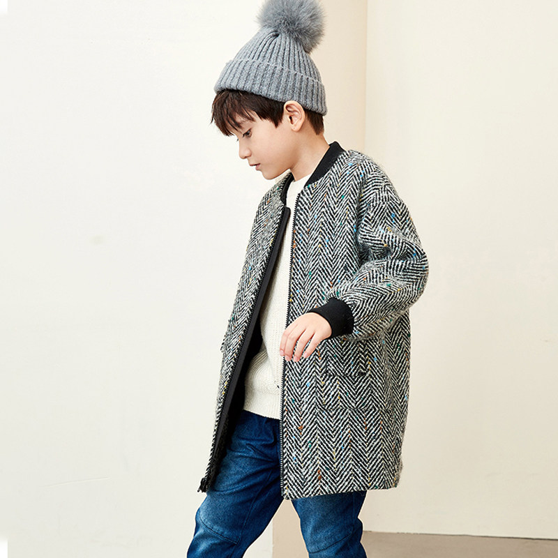 Boy's woolen jacket autumn and winter foreign pie in Korean version wool children Son Coat Thickening of Thickened Pinch Cotton Medium Long version