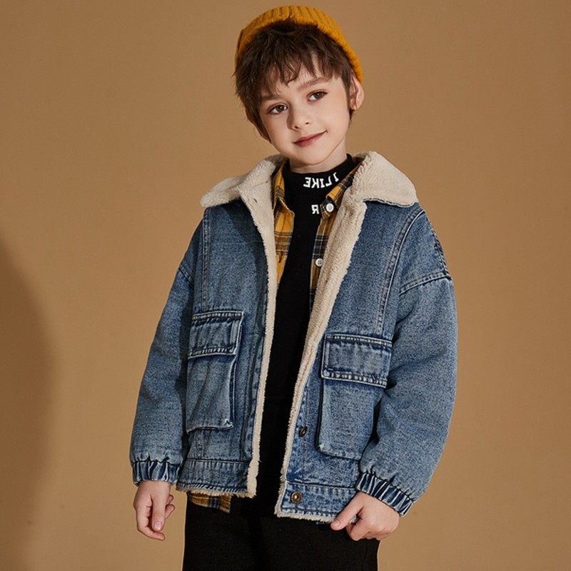Boys' denim plus velvet jacket 2022 autumn new autumn and winter style trendy Korean version of the children's lamb velvet thick fried street