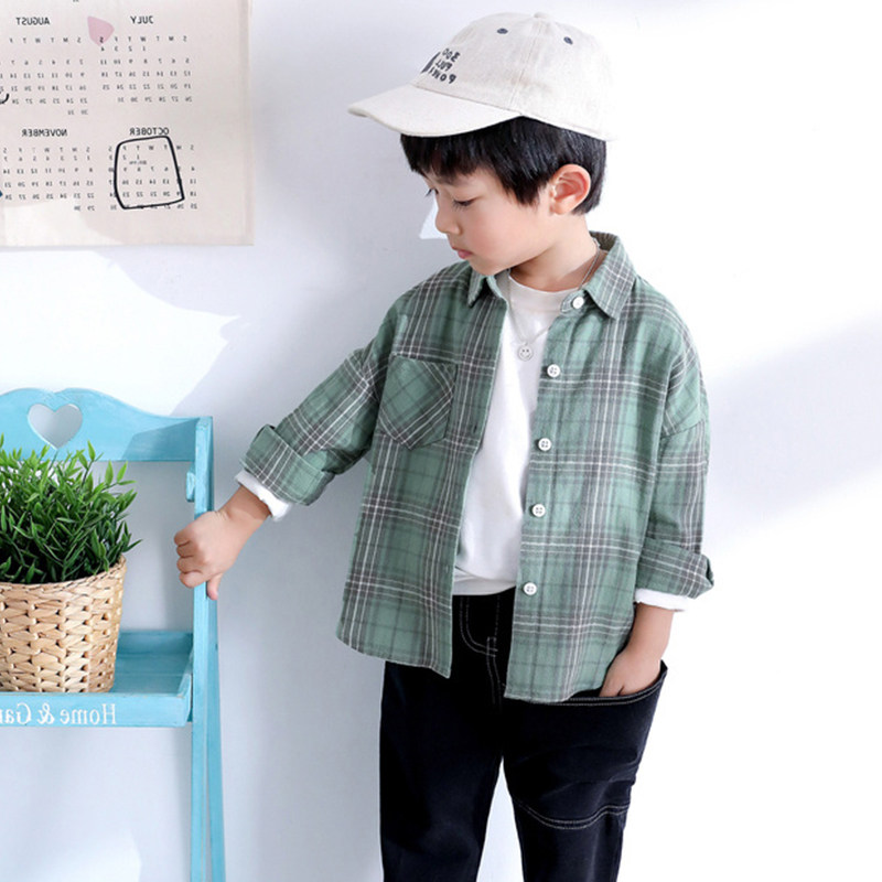 Boy's shirt spring 2022 long-sleeved cotton tide big boy plaid children's shirt outside wearing fried street style handsome