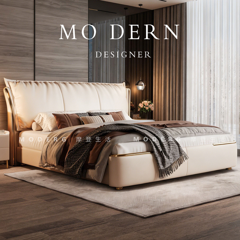 High-End and Elegant Master Bedroom Bed, 2026 New Model, Cream-Style Genuine Leather Bed, 2m X 2.2m Large Bed, Top-Layer Cowhide Double Bed