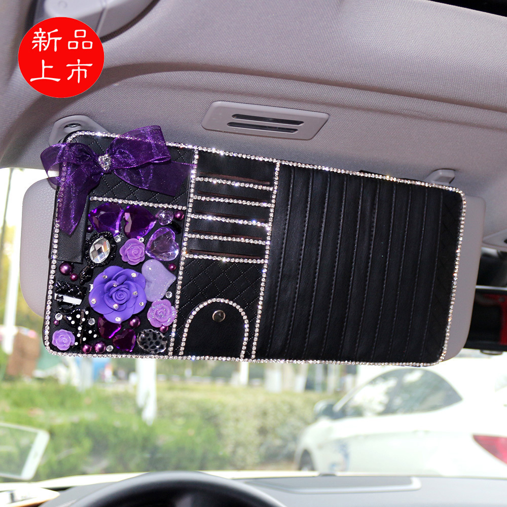 Fashion diamond-encrusted car trim sun visor cd clip GM with visor type cd leather diamond female camellia