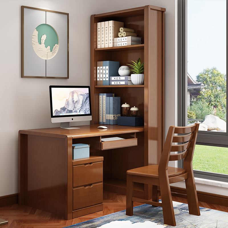 Chinese solid wood desk with bookshelf combined bedroom home student desk bookcase integrated corner computer desktop