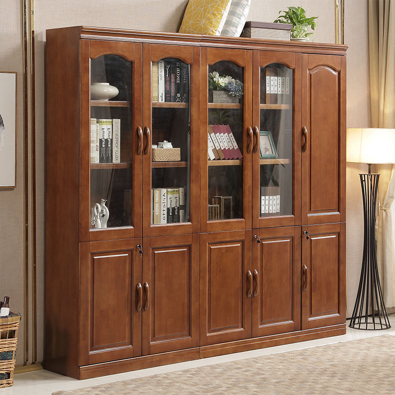 Chinese-style solid wood bookcase with glass door home five-door combination office storage file wardrobe with lock bookcase