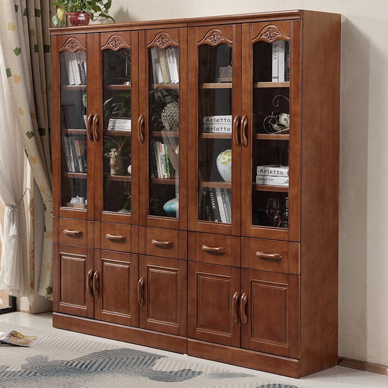 Simple modern solid wood bookcase floor-to-ceiling two-door three-door small apartment storage with glass door office file cabinet